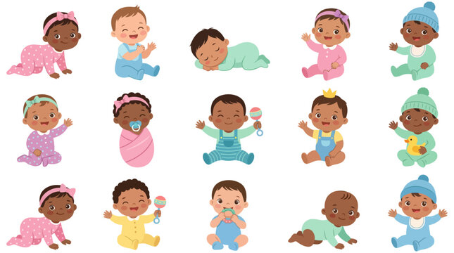 Diverse baby character collection | Multicultural infants crawling and playing with toys | Flat vector illustration set for childcare design