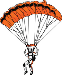 Skydiver or paraglider descending with an orange parachute in the sky © Firoz