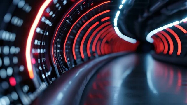 Glowing lines move through a dark tunnel creating abstract shapes. The patterns change and flow, showing a mix of colors. This creates a vibrant and modern visual display