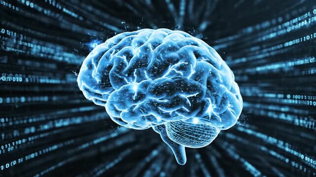 Glowing blue brain emits light rays in a digital futuristic environment with binary code flowing around it.