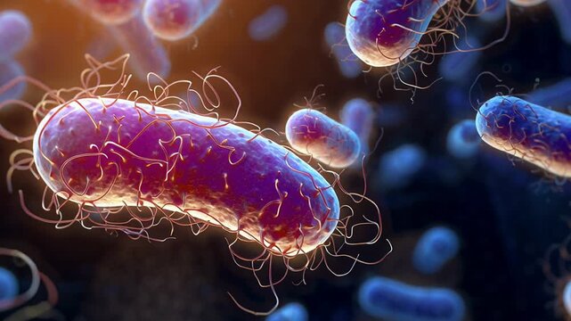 Closeup glowing bacteria under fluorescent microscopy, vivid purple and blue rod cells surrounded by filamentous extracellular matrix and nanoscale particles,