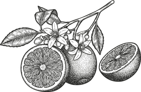Black and white detailed hand drawn illustration of an orange fruit branch with flowers and cut halves