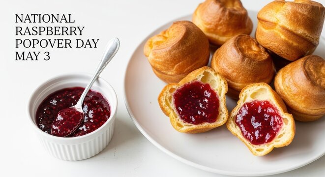 Delicious raspberry popovers with fresh jam on white plate