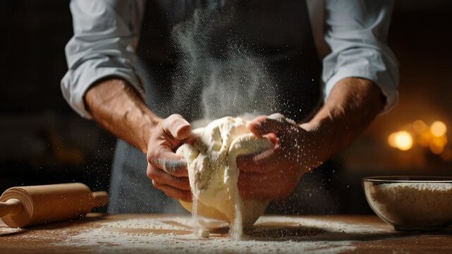 Rustic bakery hands kneading dough, warm candlelight illuminating flour dust clouds, rolling pin and ceramic bowl on wooden counter, closeup of skilled baker