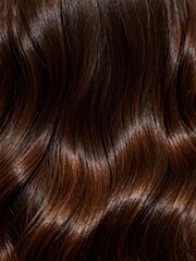 Fototapeta premium A close-up of dark brown wavy hair, clearly showing the smooth and shiny healthy texture of the hair strands, making it a material image suitable for hair, hair quality and hairdressing scenarios. 