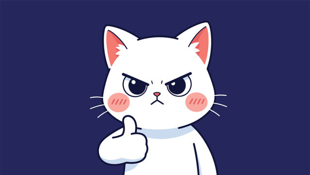Grumpy white cat with pink cheeks gives a thumbs up gesture against a dark blue background in a cute cartoon style.