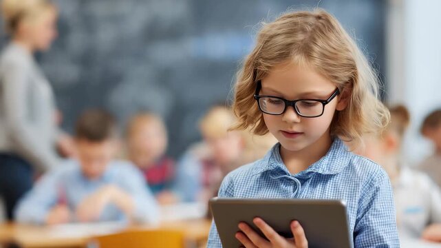 Engaged elementary school student using technology in the classroom during a learning session focused on digital skills development
