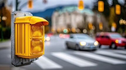 Naklejka premium Close-up of yellow crosswalk pedestrian signal button on pole at busy city intersection for urban traffic safety background and banner design