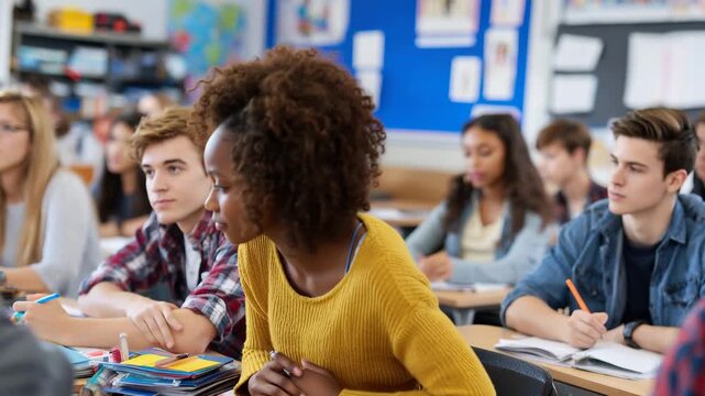 Diverse group of students actively participating in class discussion in a vibrant classroom setting