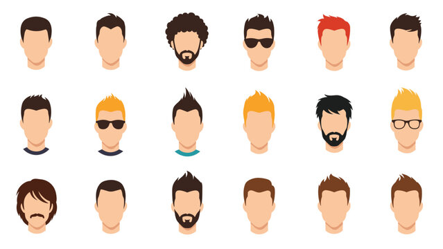 Extensive set of male character avatars showing various hair colors, styles, beard types, and accessories like sunglasses or glasses.