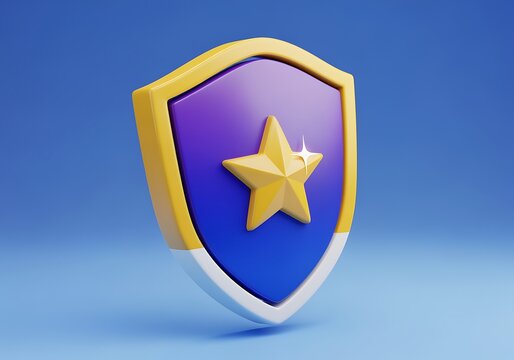 3D shield icon with gold star and yellow border on blue gradient background  security symbol with metallic sheen and reflective light