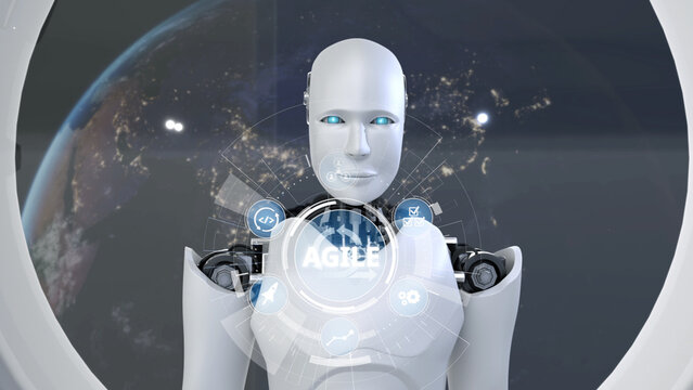 A futuristic robot featuring an advanced interface displaying data analytics and global connectivity, representing innovation in artificial intelligence and technology development. Synapse