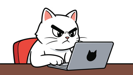 Fototapeta premium Grumpy white cat with thick black eyebrows sits at a desk and types with determination on a laptop computer, vector art illustration.