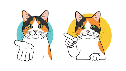 Obraz premium Close up of a calico cat reaching out with one paw in a welcoming gesture and pointing with another inside colorful circles, vector art.