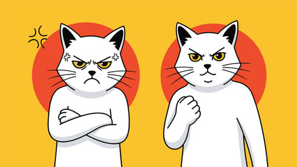 Obraz premium Two personified white cats exhibit anger with one crossing its arms and the other clenching a fist in frustration, vector illustration.
