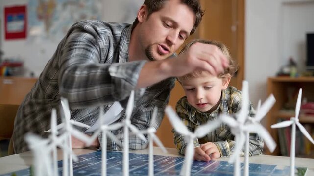Father and son explore energy engineering concepts while working on a model of wind turbines and solar panels at home in a learning session