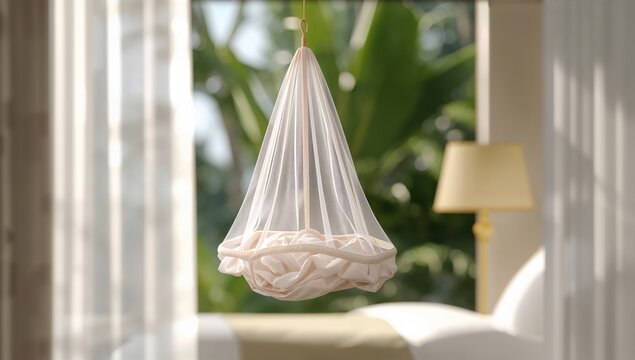 Hanging indoor baby bed with translucent mesh over blurred bedroom area