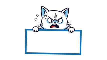 Obraz premium Angry white cat with thick black eyebrows peers over a blank white rectangular board against a plain background, vector art illustration.