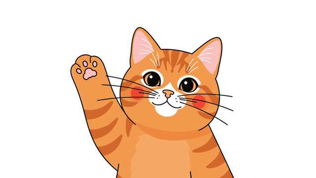 Close up portrait of an adorable ginger tabby cat waving its paw in a friendly greeting against a white background, vector illustration.