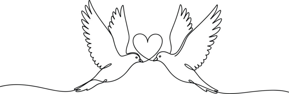 Minimalist continuous line drawing of two doves with heart symbol, love and peace concept, romantic relationship harmony, wedding symbol, modern vector outline illustration