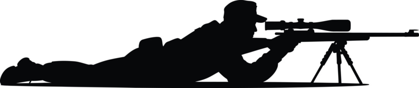 Black silhouette of sniper aiming long-range rifle with scope and bipod in prone position