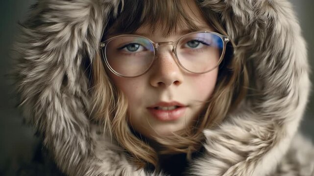 Cute girl wears glasses and faux fur coat indoors, radiating cozy warmth and a unique style while gazing directly at the camera with a thoughtful expression