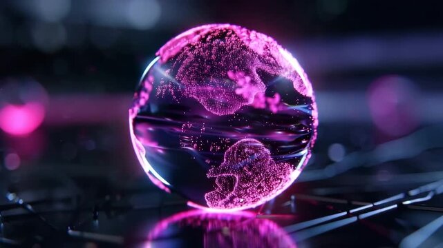 A glowing sphere made of particles hovers over a dark surface. It emits light and interacts with the surroundings. The scene shows a mixture of colors and motion