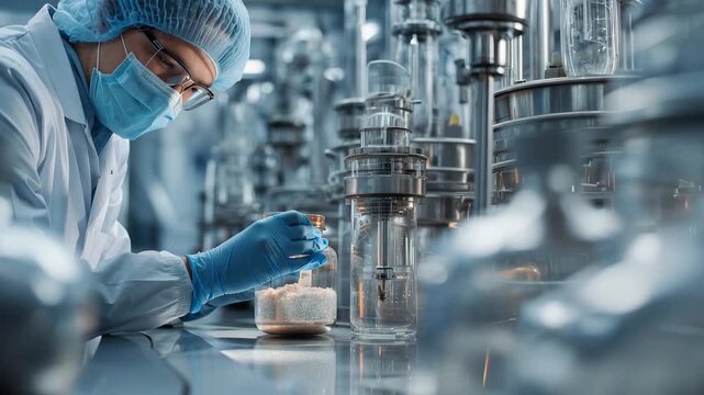 Scientist working in a medicine factory laboratory conducting experiments with glassware and chemical solutions