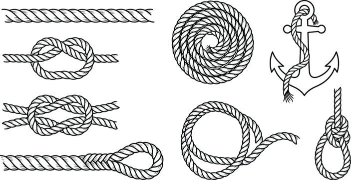 Line art vector set of five detailed nautical rope knots viewed close up with textured black cord on white background from top angle isolated clean ... 
