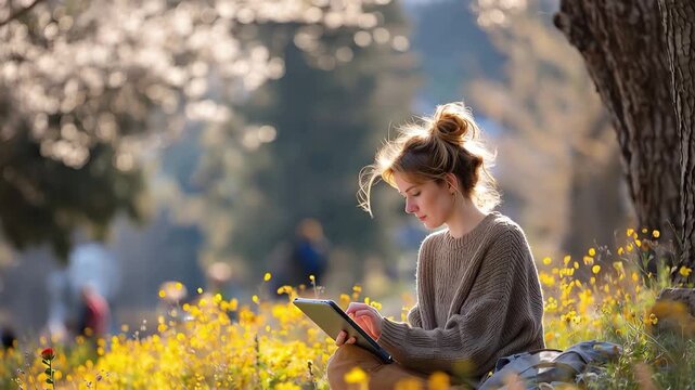 College student studies outdoors with digital device surrounded by blooming flowers in sunny park during springtime