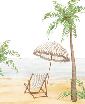 Watercolor summer landscape with beautiful wooden sun lounger, vintage beach umbrella and palm tree. Card for your design travel banners, posters, background or cover. Hand drawn illustration.