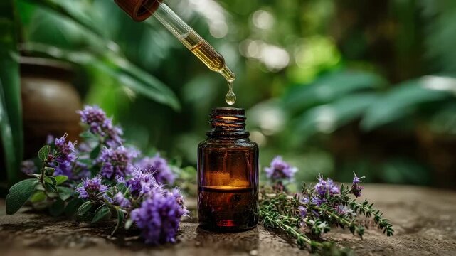 A drop of thyme essential oil falling from a dropper into a bottle among flowers