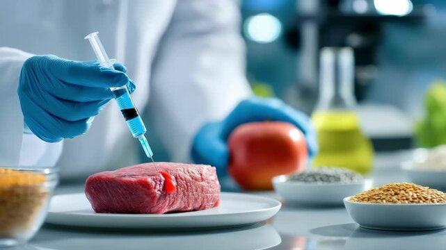 Lab meat control: scientist injecting a steak for analysis or modification