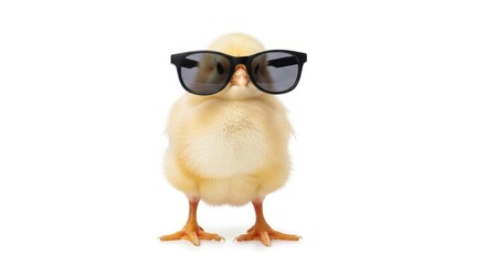 Fototapeta premium A cute fluffy yellow baby chick standing upright wearing stylish black sunglasses on white background