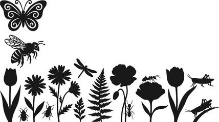 Garden insect silhouettes, biodiversity illustration icons, butterfly bee dragonfly figures, ant beetle grasshopper design, floral ecosystem graphic, nature interaction set, plant insect outline © AbdulKayum