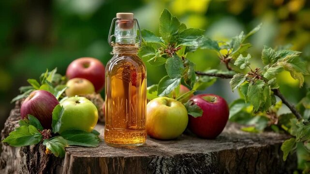 Bottle of Apple Cider Vinegar or Cider and Fresh Apples on an Old Wooden Stump