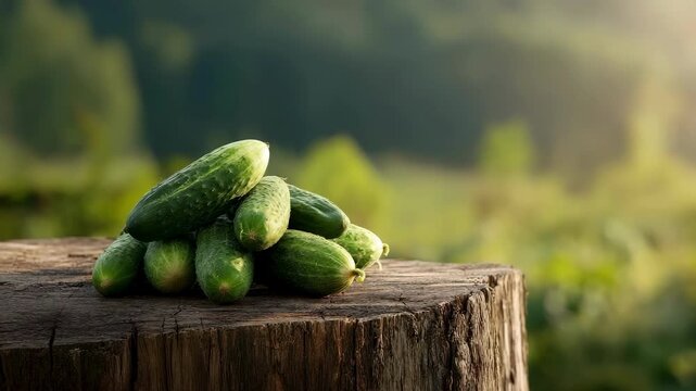 Pile of freshly harvested gherkin cucumbers on an old wooden stump in the garden
