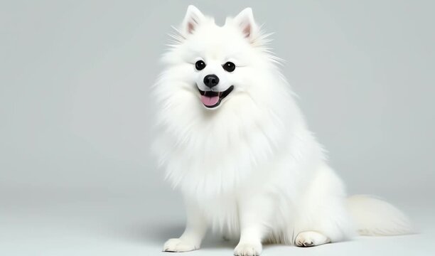 Pomeranian white fluffy dog standing on a clean studio floor, bright softbox lighting from above, gentle shadow under paws; calm expression, looking toward camera, ultra sharp fur texture, 4K