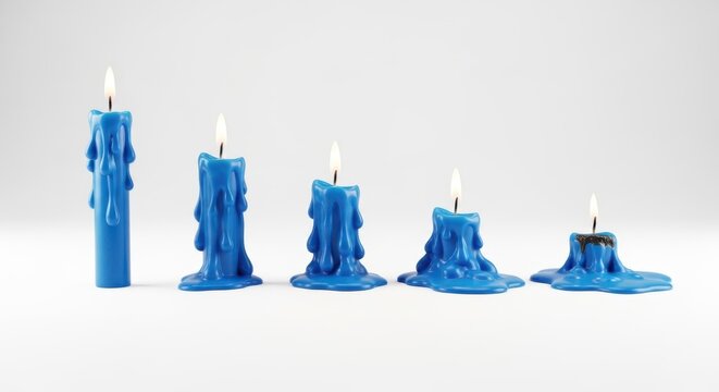 a row of blue candles with white flames on a plain white background blue objects candle arrangement