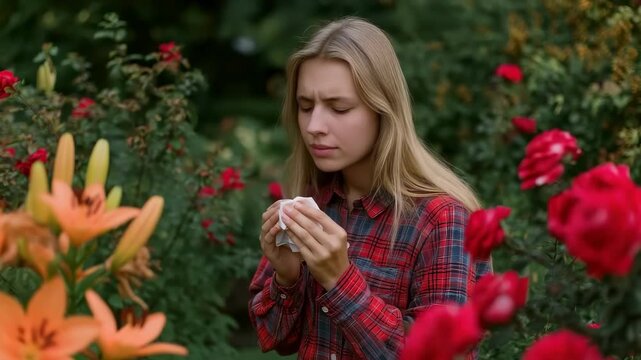 A candid outdoor shot of a young woman sneezing and wiping her nose due to seasonal allergies among flowers