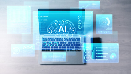 Fototapeta premium Comprehensive AI monitoring dashboard featuring neural network brain AI core surrounded by various AI data analytics widgets, charts, and voice recognition UI. AI High-tech data science. Corpus