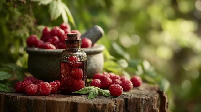 Natural raspberry oil or essence: bottle, fresh berries, and mortar on a stump