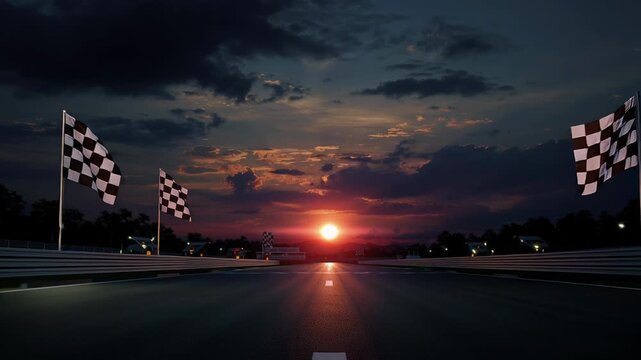 Sunset race track with checkered flags, wet reflective asphalt mirroring orange sun on horizon, dramatic storm clouds, empty finish line, fluttering flags