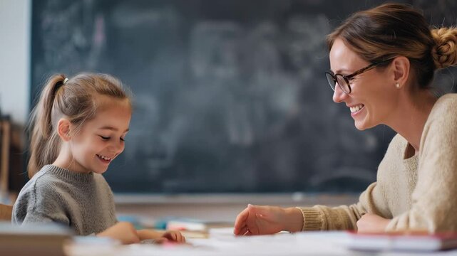 Teacher shares a joyful moment with a girl in a classroom during an interactive lesson filled with learning and connection