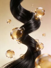Obraz premium Black hair strands interweave with golden nourishing liquid bubbles, intuitively showing the deep nourishing effect of hair care, making it a material image suitable for hair, hair quality and hair no