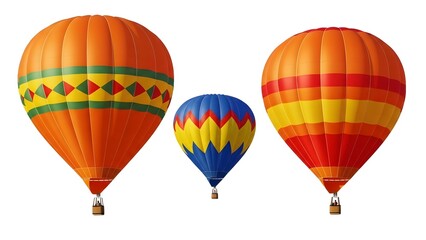 Fototapeta premium Three colorful hot air balloons floating in the sky on transparent background