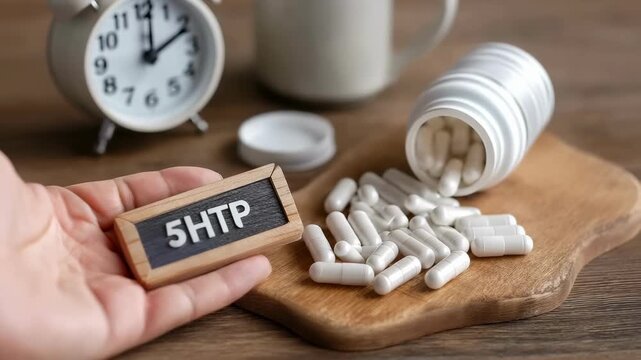 5-HTP Capsules, Wooden Sign, and Alarm Clock: Sleep and Mood Enhancement Concept.
