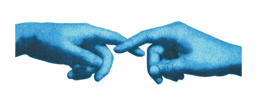 bluey promise halftone collage element two hands gently connecting in a tender embrace