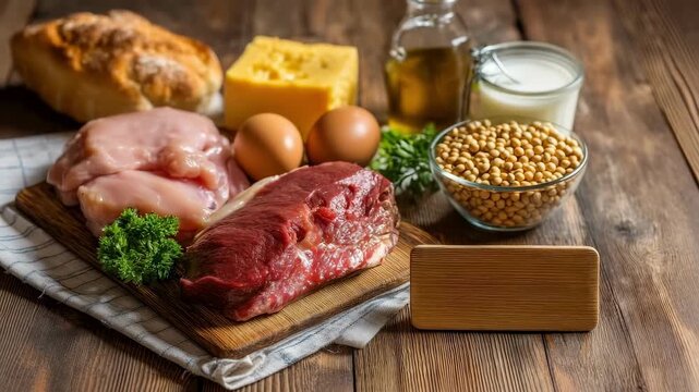 Still life with choline-rich foods: beef, chicken, eggs, cheese, soybeans, and bread, with a wooden "Choline"