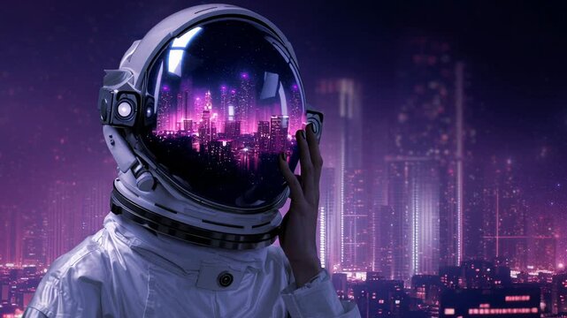 Astronaut helmet reflecting neon skyline in purple cyberpunk night, white suited explorer touches visor as city lights shimmer across mirrored glass and stars